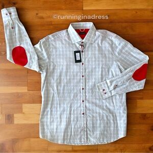 NWT Andrea Castaldi Windowpane Dress Shirt In Grey & Red Elbow Patches XXL